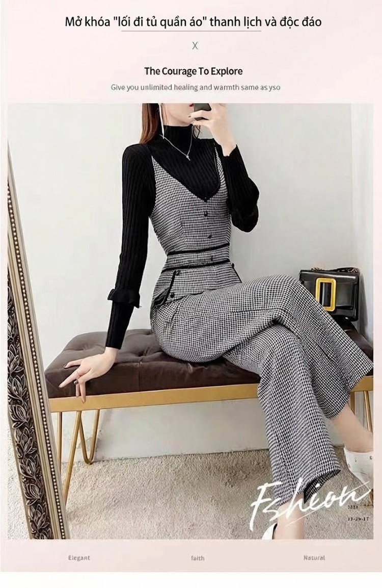 Set Áo Dệt Kim Cổ Lọ Tay Dài Và Yếm Quần Ống Rộng Caro Lông Chuột chi tiết 1
