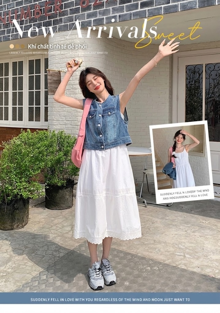 Set Áo Gile Jean và Váy Hai Dây Cotton dáng chữ A Màu Trắng chi tiết 1