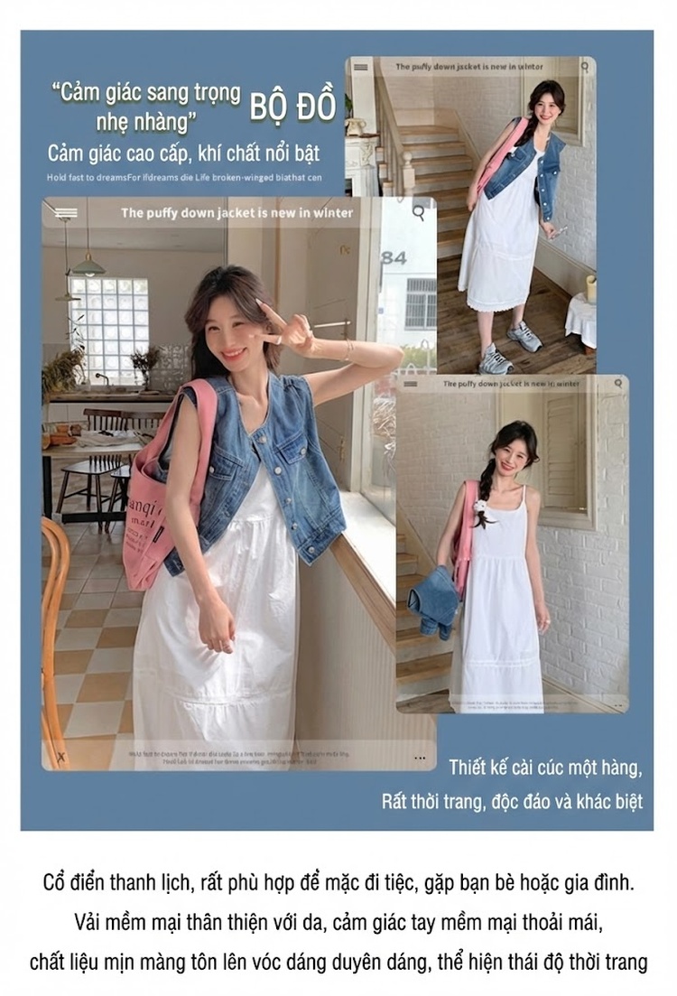 Set Áo Gile Jean và Váy Hai Dây Cotton dáng chữ A Màu Trắng chi tiết 3