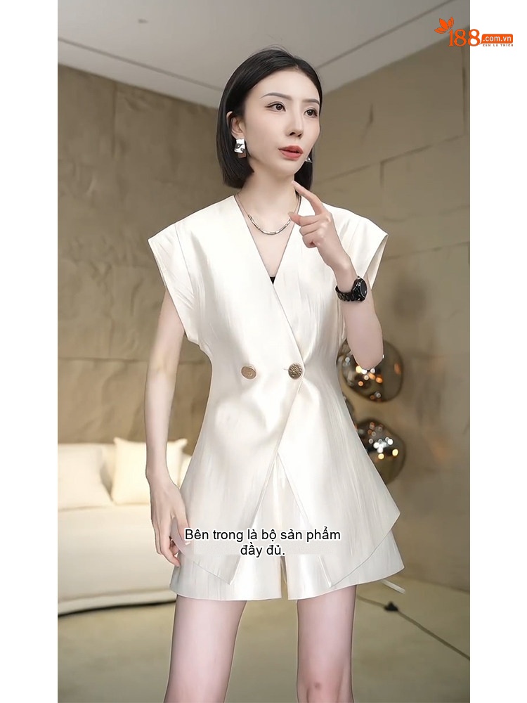 Set Áo Gile Quần Short Nữ Phong Cách Tiểu Thư Thanh Lịch Màu Trắng