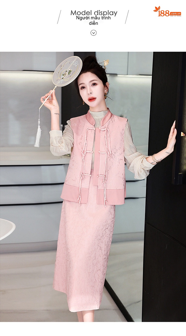 Set Áo Gile và Chân Váy Dài Nữ Phong Cách Tân Cổ Điển Họa Tiết Jacquard Màu Hồng, Trắng chi tiết 12