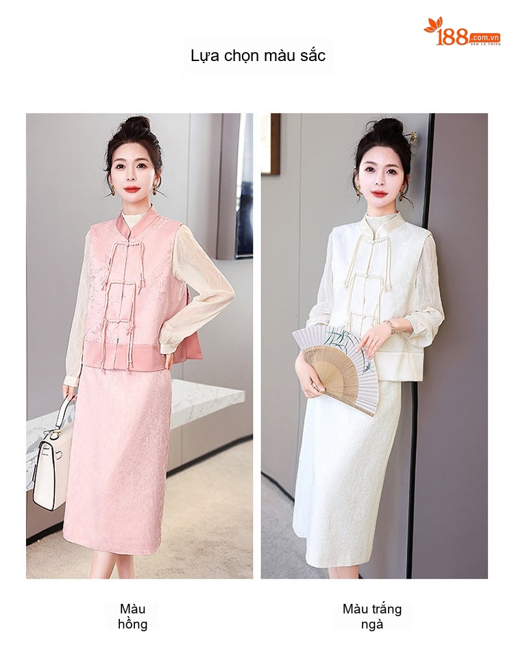 Set Áo Gile và Chân Váy Dài Nữ Phong Cách Tân Cổ Điển Họa Tiết Jacquard Màu Hồng, Trắng chi tiết 3