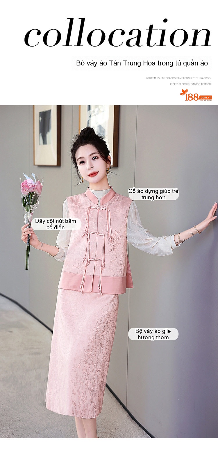 Set Áo Gile và Chân Váy Dài Nữ Phong Cách Tân Cổ Điển Họa Tiết Jacquard Màu Hồng, Trắng chi tiết 4