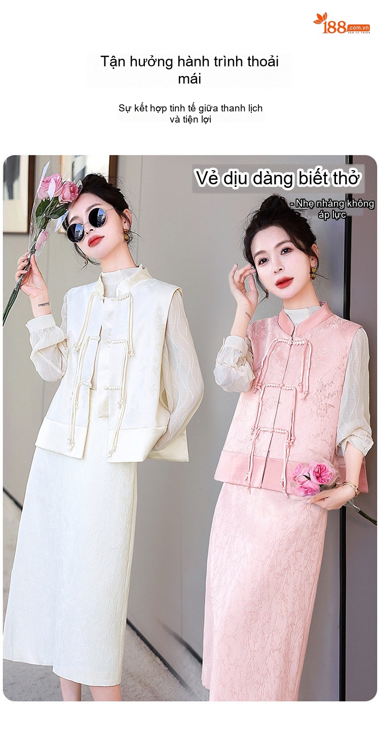 Set Áo Gile và Chân Váy Dài Nữ Phong Cách Tân Cổ Điển Họa Tiết Jacquard Màu Hồng, Trắng chi tiết 5
