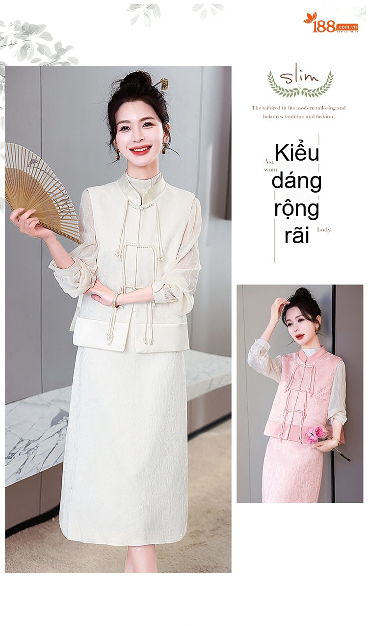Set Áo Gile và Chân Váy Dài Nữ Phong Cách Tân Cổ Điển Họa Tiết Jacquard Màu Hồng, Trắng chi tiết 8