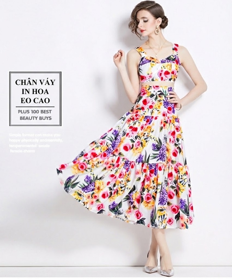 Set Áo Hai Dây Hở Eo Và Chân Váy Dài Xòe Họa Tiết Hoa Mùa Hè Phong Cách Hawaii chi tiết 1