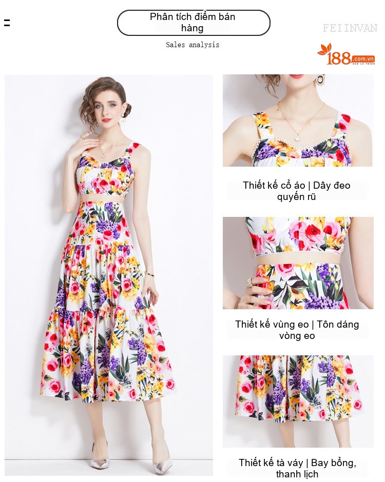 Set Áo Hai Dây Hở Eo Và Chân Váy Dài Xòe Họa Tiết Hoa Mùa Hè Phong Cách Hawaii chi tiết 2