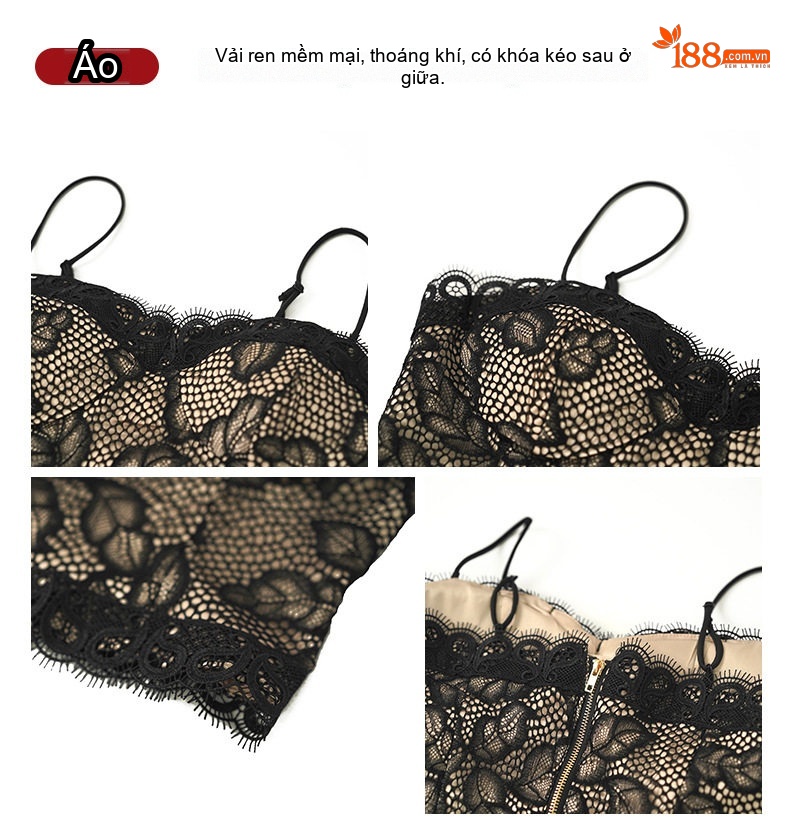 Set Áo Hai Dây Ngắn và Chân Váy Midi Ren Eo Cao Phong Cách Pháp Màu Đen chi tiết 4
