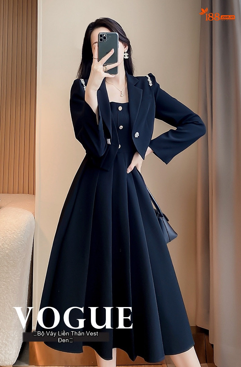 Set Áo Khoác Blazer và Váy Hai Dây Nữ Thu Đông Dáng Xòe Thắt Eo Màu Đen chi tiết 1