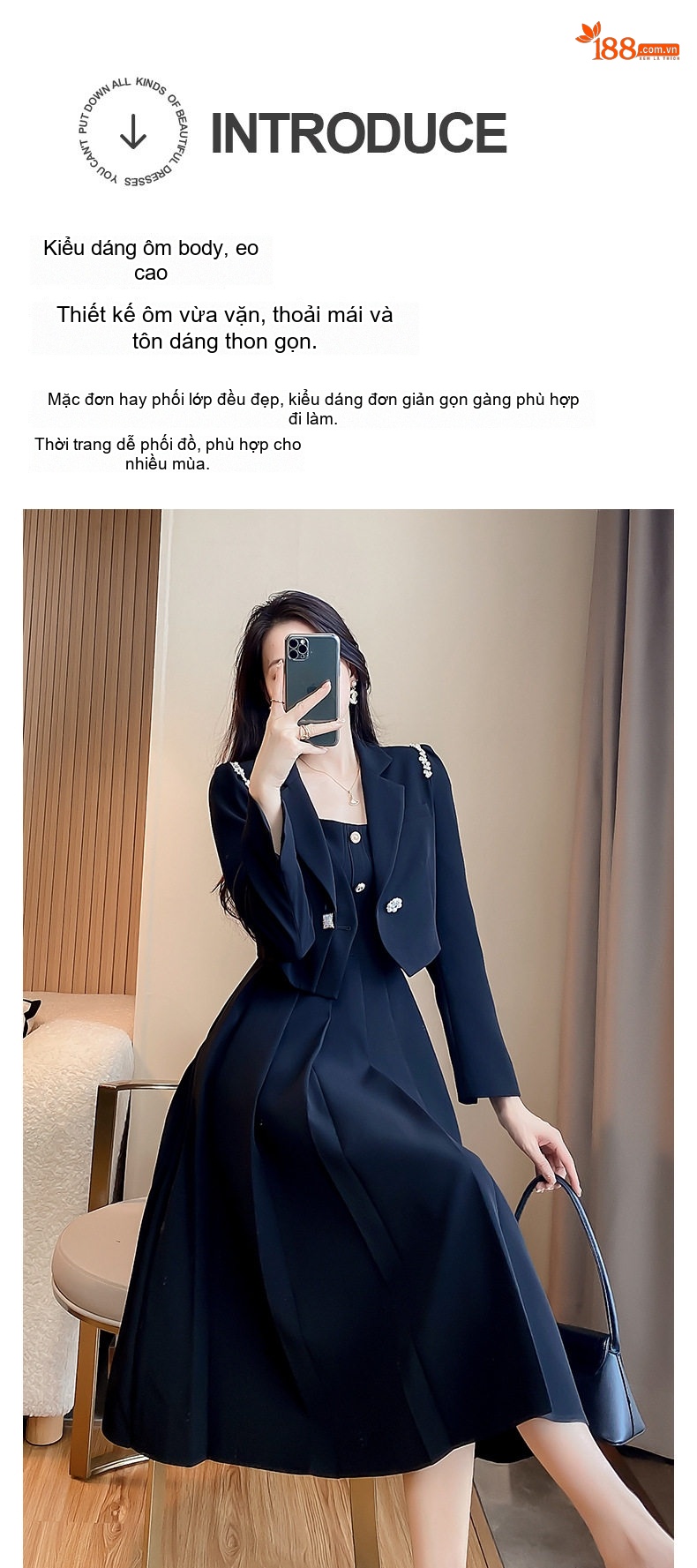 Set Áo Khoác Blazer và Váy Hai Dây Nữ Thu Đông Dáng Xòe Thắt Eo Màu Đen chi tiết 2