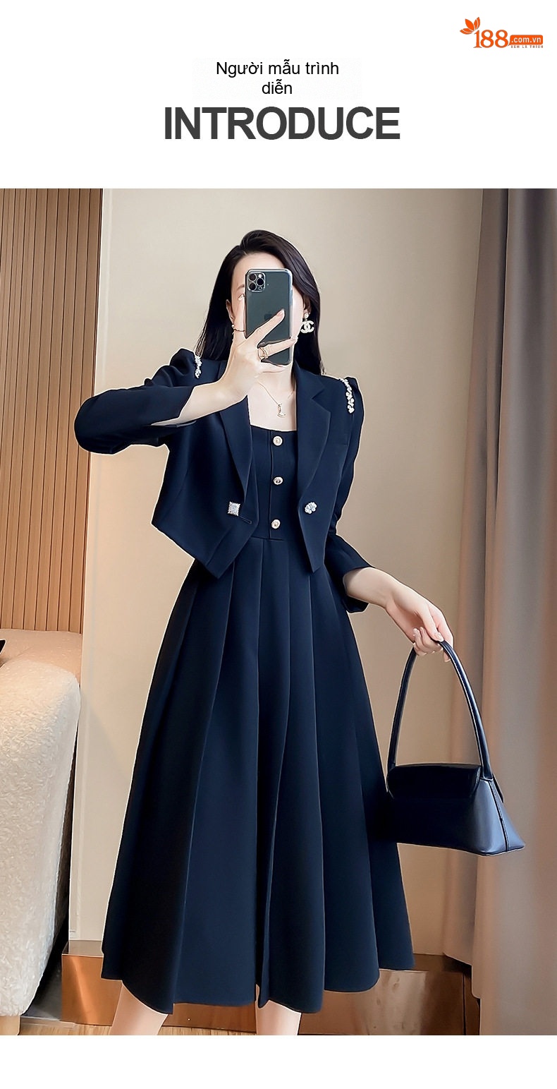 Set Áo Khoác Blazer và Váy Hai Dây Nữ Thu Đông Dáng Xòe Thắt Eo Màu Đen chi tiết 7