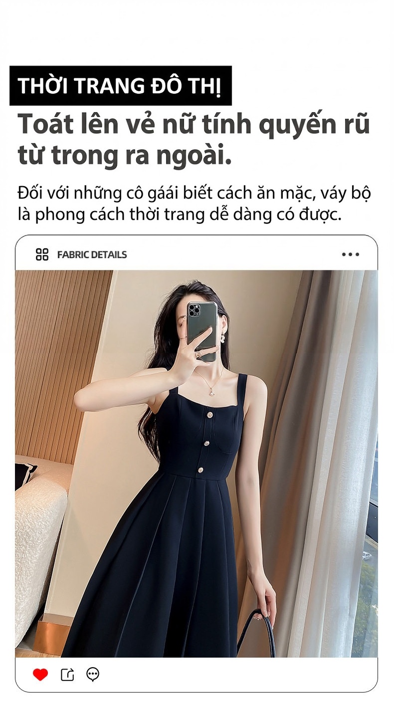 Set Áo Khoác Blazer và Váy Hai Dây Nữ Thu Đông Dáng Xòe Thắt Eo Màu Đen chi tiết 3