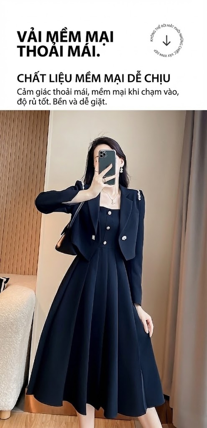 Set Áo Khoác Blazer và Váy Hai Dây Nữ Thu Đông Dáng Xòe Thắt Eo Màu Đen chi tiết 4