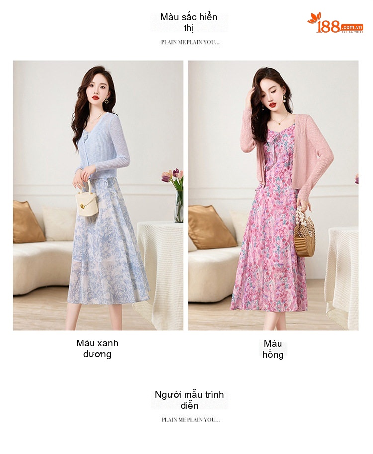 Set Áo Khoác Cardigan Dệt Kim Và Đầm Hai Dây Xòe Họa Tiết Hoa Phong Cách Thanh Lịch Màu Hồng, Xanh chi tiết 9