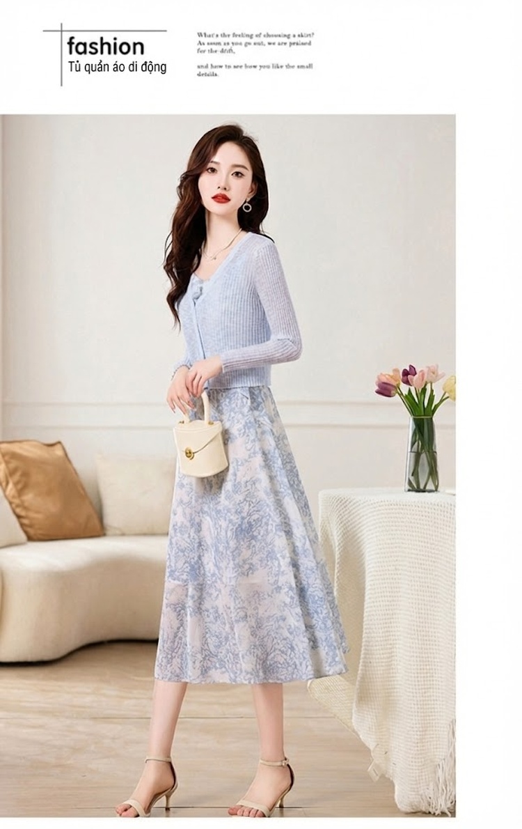 Set Áo Khoác Cardigan Dệt Kim Và Đầm Hai Dây Xòe Họa Tiết Hoa Phong Cách Thanh Lịch Màu Hồng, Xanh chi tiết 18