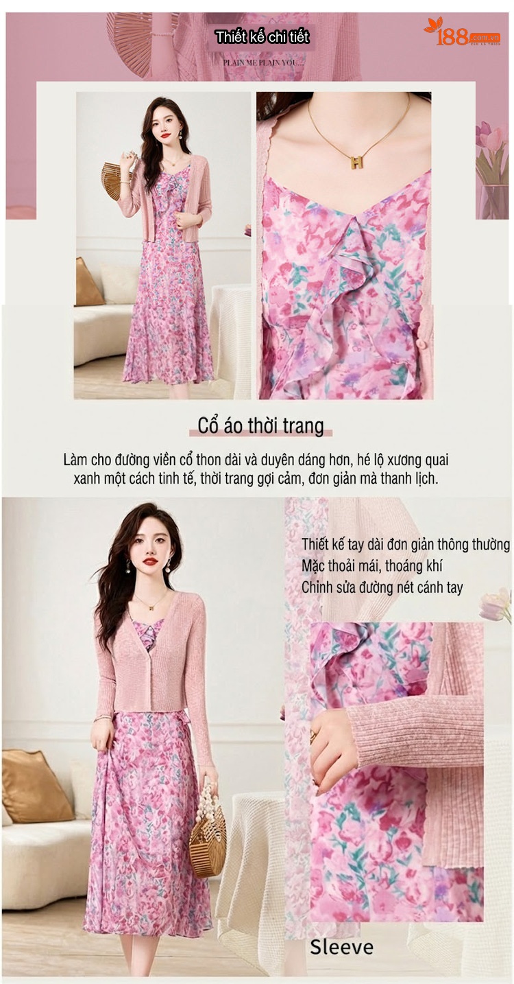 Set Áo Khoác Cardigan Dệt Kim Và Đầm Hai Dây Xòe Họa Tiết Hoa Phong Cách Thanh Lịch Màu Hồng, Xanh chi tiết 4
