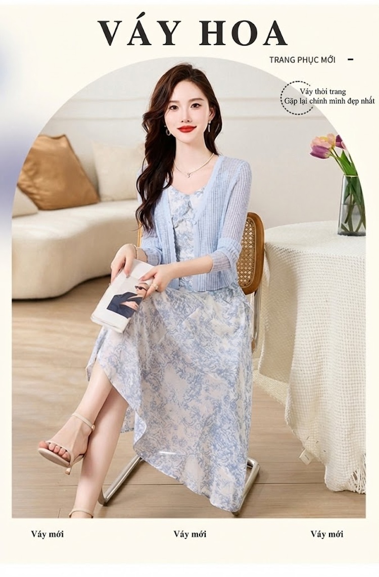 Set Áo Khoác Cardigan Dệt Kim Và Đầm Hai Dây Xòe Họa Tiết Hoa Phong Cách Thanh Lịch Màu Hồng, Xanh chi tiết 6