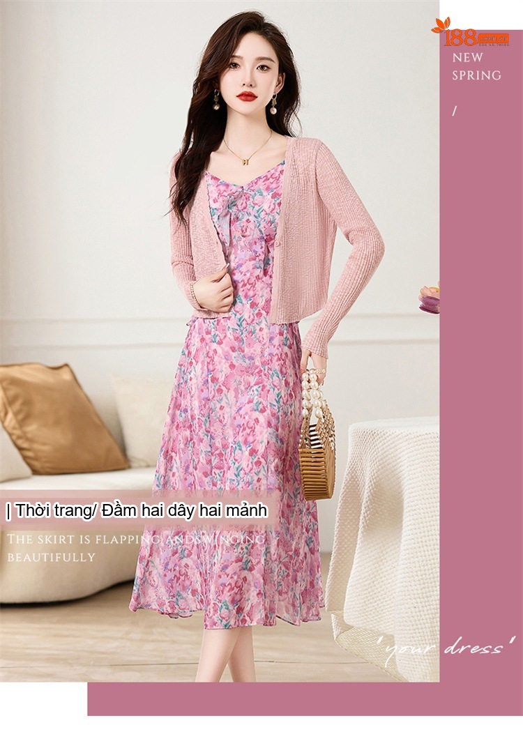 Set Áo Khoác Cardigan Dệt Kim Và Đầm Hai Dây Xòe Họa Tiết Hoa Phong Cách Thanh Lịch Màu Hồng, Xanh chi tiết 1