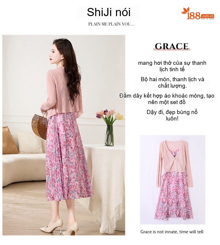 Set Áo Khoác Cardigan Dệt Kim Và Đầm Hai Dây Xòe Họa Tiết Hoa Phong Cách Thanh Lịch Màu Hồng, Xanh chi tiết 2