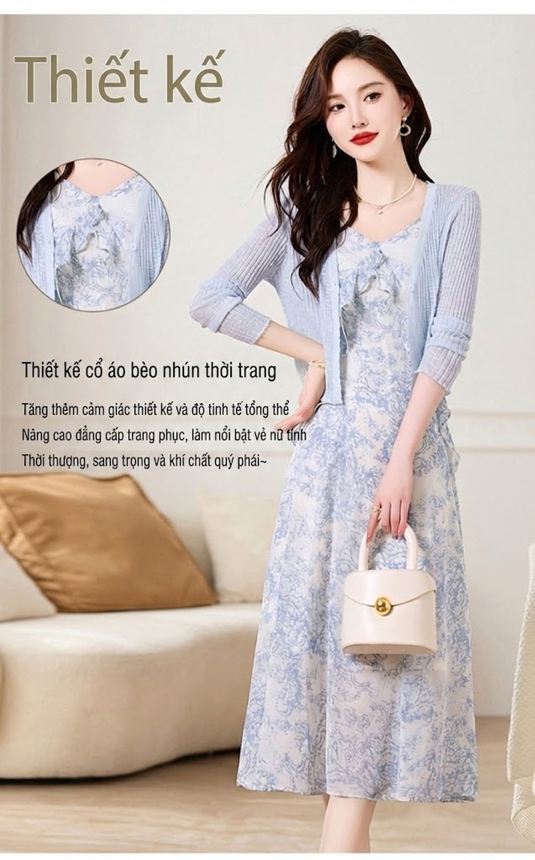 Set Áo Khoác Cardigan Dệt Kim Và Đầm Hai Dây Xòe Họa Tiết Hoa Phong Cách Thanh Lịch Màu Hồng, Xanh chi tiết 3