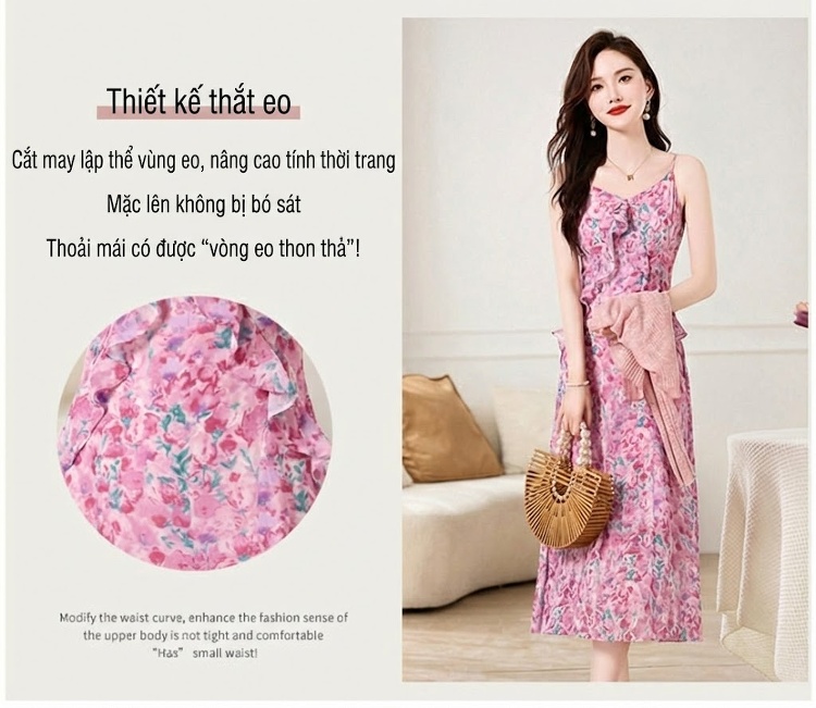 Set Áo Khoác Cardigan Dệt Kim Và Đầm Hai Dây Xòe Họa Tiết Hoa Phong Cách Thanh Lịch Màu Hồng, Xanh chi tiết 5