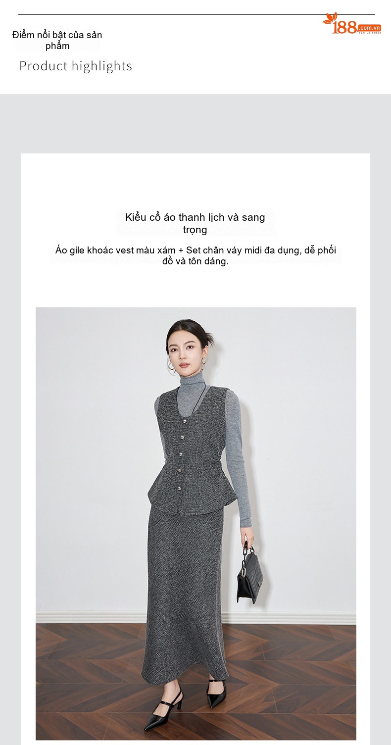Set Áo Khoác Không Tay và Chân Váy Đuôi Cá Vải Hoa Phong Cách Lão Tiền Màu Xám, Đen chi tiết 5