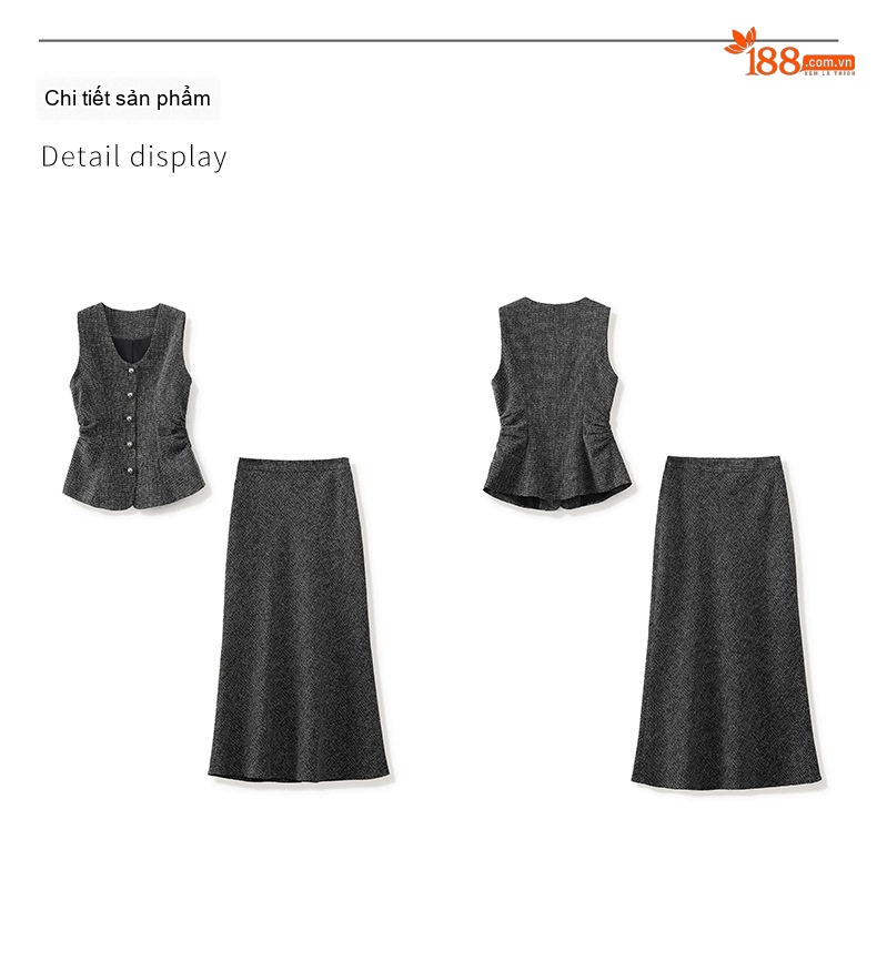 Set Áo Khoác Không Tay và Chân Váy Đuôi Cá Vải Hoa Phong Cách Lão Tiền Màu Xám, Đen chi tiết 16