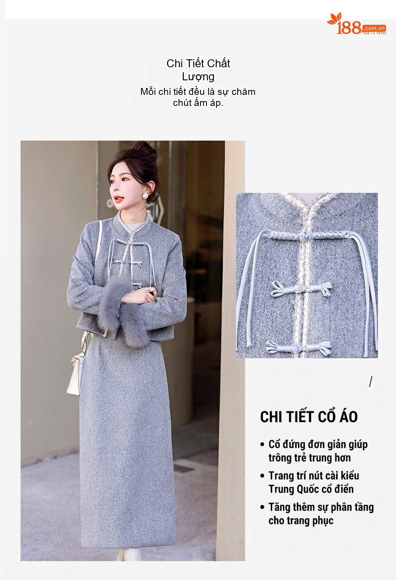 Set Áo Khoác Lông Cổ Tay Lông Vũ Quần Váy Nữ chi tiết 6