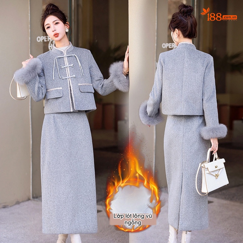 Set Áo Khoác Lông Cổ Tay Lông Vũ Quần Váy Nữ