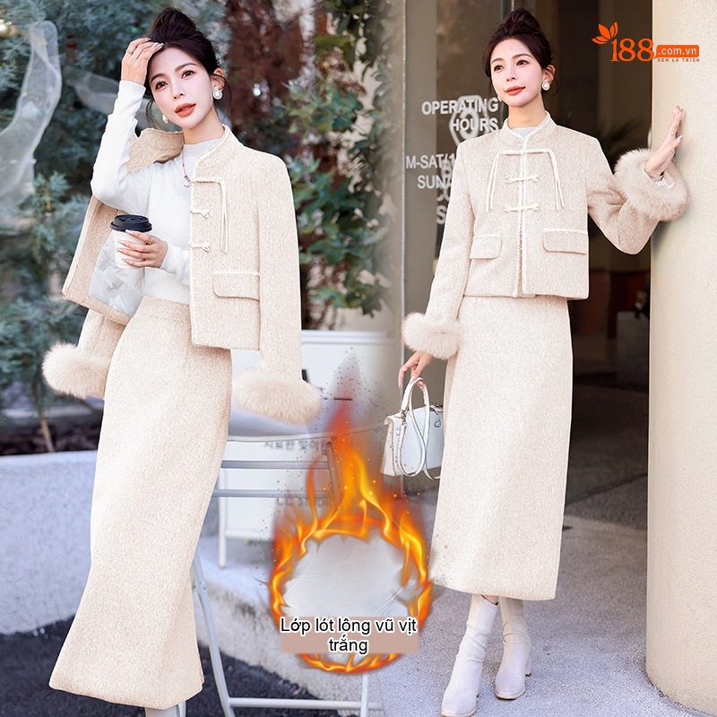 Set Áo Khoác Lông Cổ Tay Lông Vũ Quần Váy Nữ