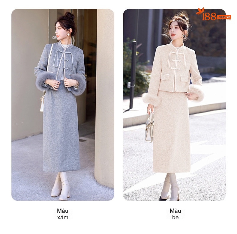 Set Áo Khoác Lông Cổ Tay Lông Vũ Quần Váy Nữ chi tiết 2