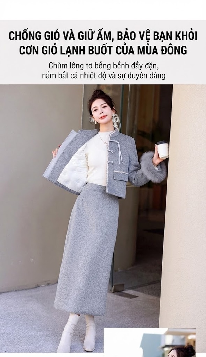 Set Áo Khoác Lông Cổ Tay Lông Vũ Quần Váy Nữ chi tiết 5