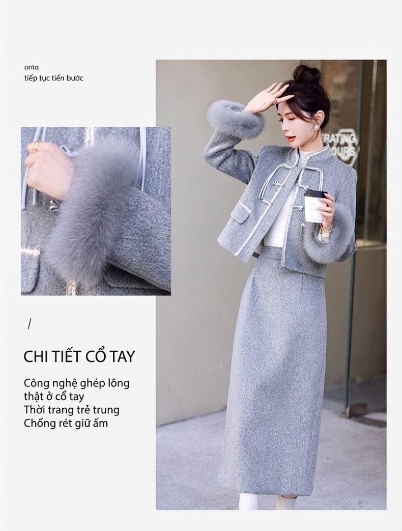 Set Áo Khoác Lông Cổ Tay Lông Vũ Quần Váy Nữ chi tiết 7