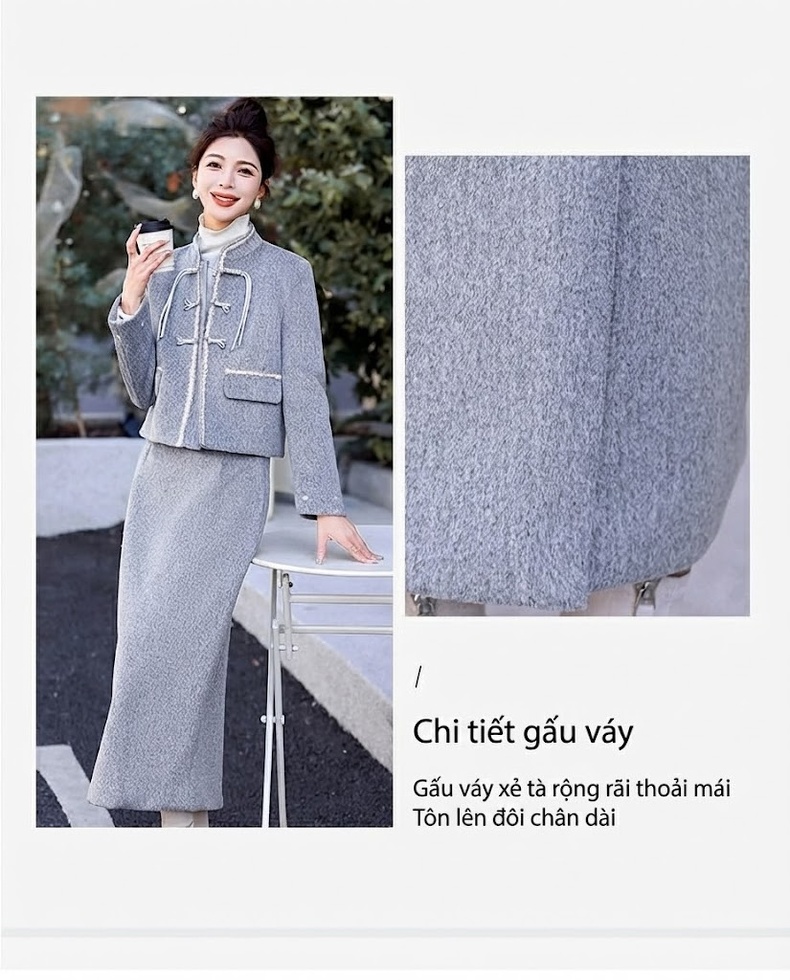 Set Áo Khoác Lông Cổ Tay Lông Vũ Quần Váy Nữ chi tiết 8