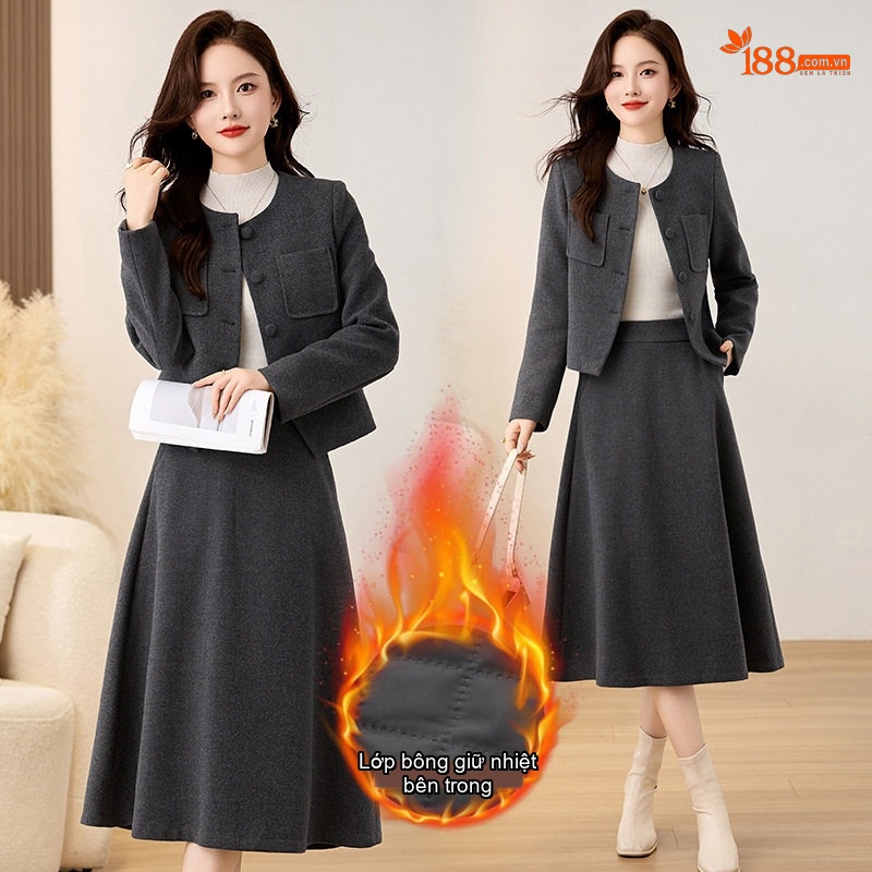 Set Áo Khoác Lông Cừu Phong Cách Tiểu Thư Kèm Chân Váy Chữ A Dáng Dài Màu Xám