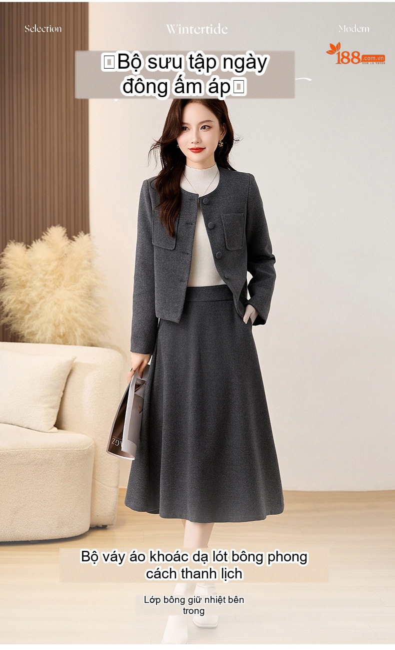 Set Áo Khoác Lông Cừu Phong Cách Tiểu Thư Kèm Chân Váy Chữ A Dáng Dài Màu Xám chi tiết 1