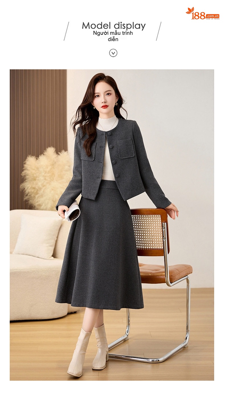 Set Áo Khoác Lông Cừu Phong Cách Tiểu Thư Kèm Chân Váy Chữ A Dáng Dài Màu Xám chi tiết 13