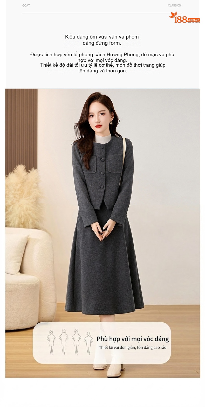 Set Áo Khoác Lông Cừu Phong Cách Tiểu Thư Kèm Chân Váy Chữ A Dáng Dài Màu Xám chi tiết 7