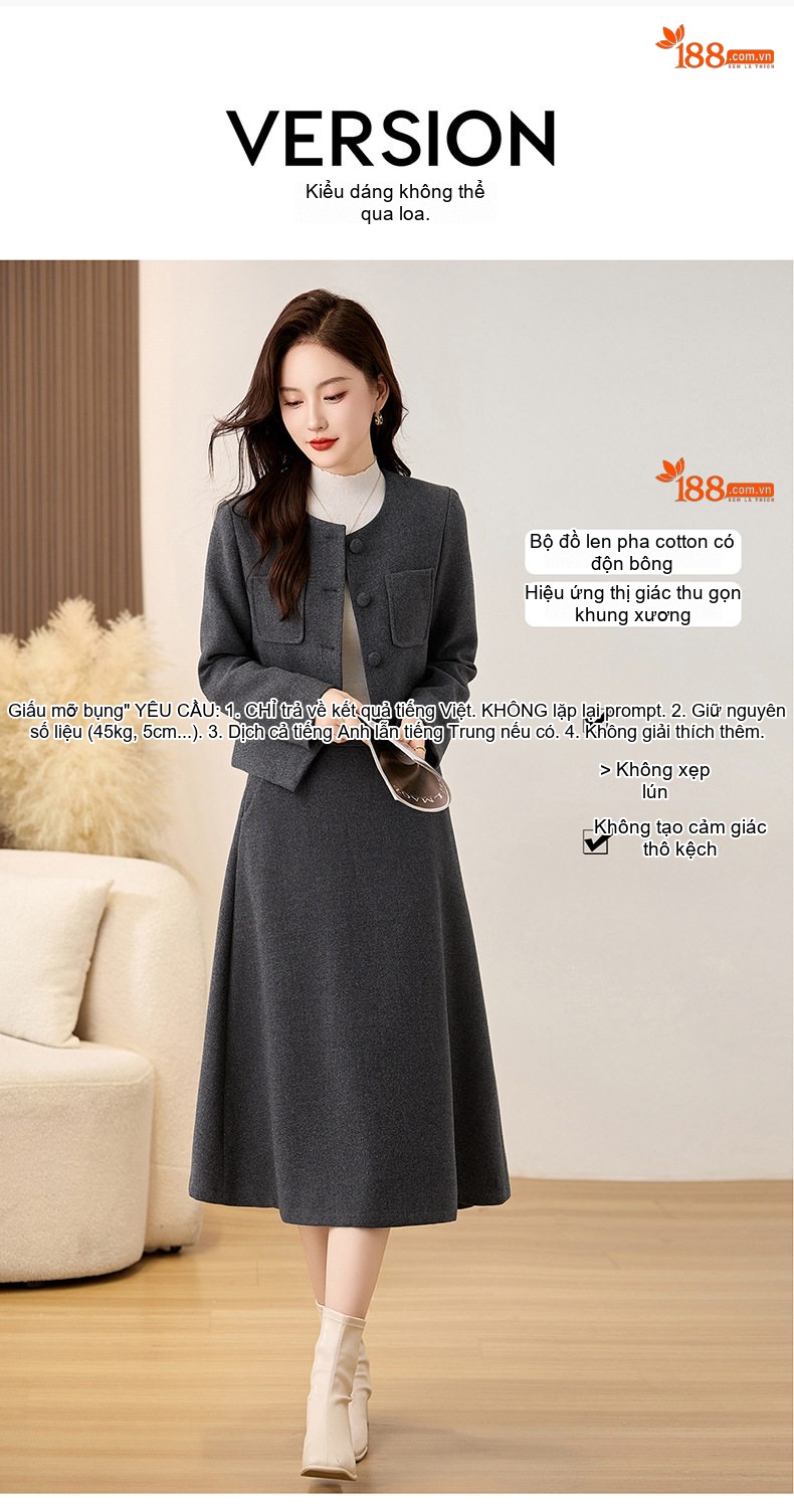 Set Áo Khoác Lông Cừu Phong Cách Tiểu Thư Kèm Chân Váy Chữ A Dáng Dài Màu Xám chi tiết 9