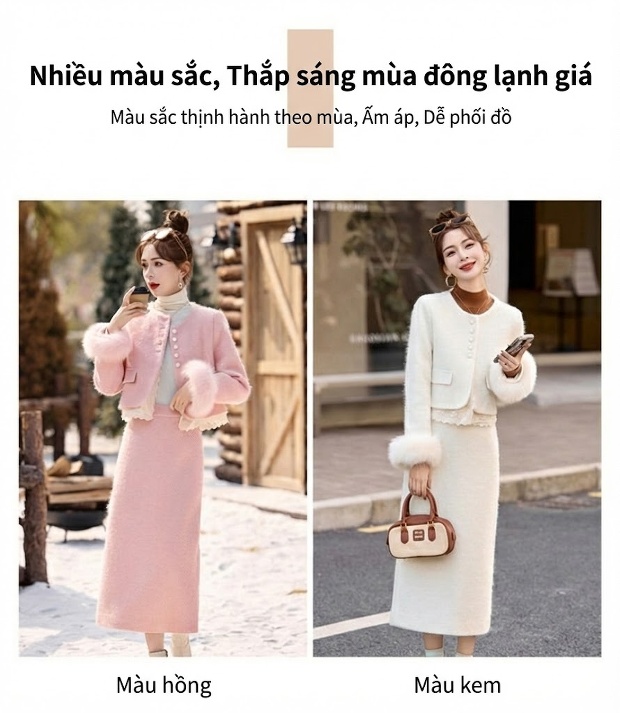 Set Áo Khoác Lông và Chân Váy Tiểu Thư Phong Cách Hàn Quốc chi tiết 3