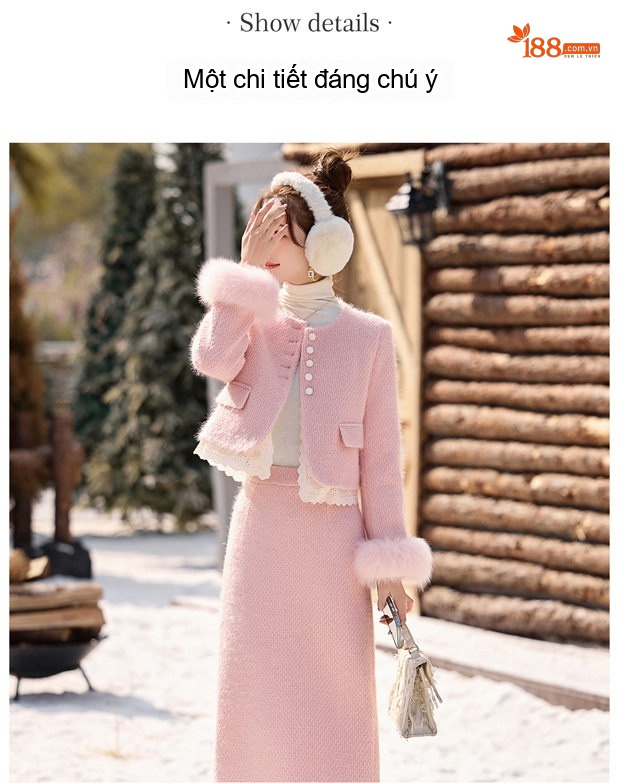 Set Áo Khoác Lông và Chân Váy Tiểu Thư Phong Cách Hàn Quốc chi tiết 11