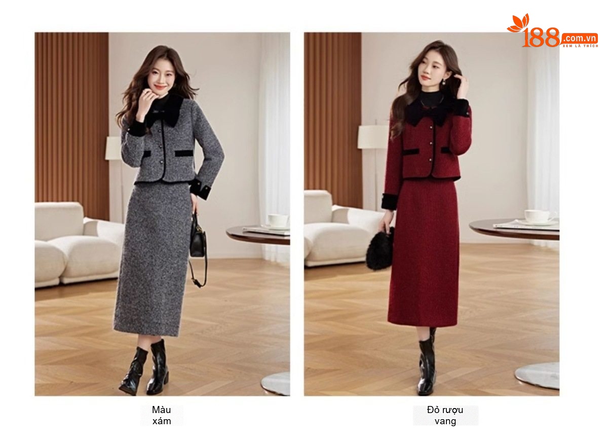 Set Áo Khoác Lông Vũ Cổ Điển và Chân Váy Chữ A Thanh Lịch chi tiết 3