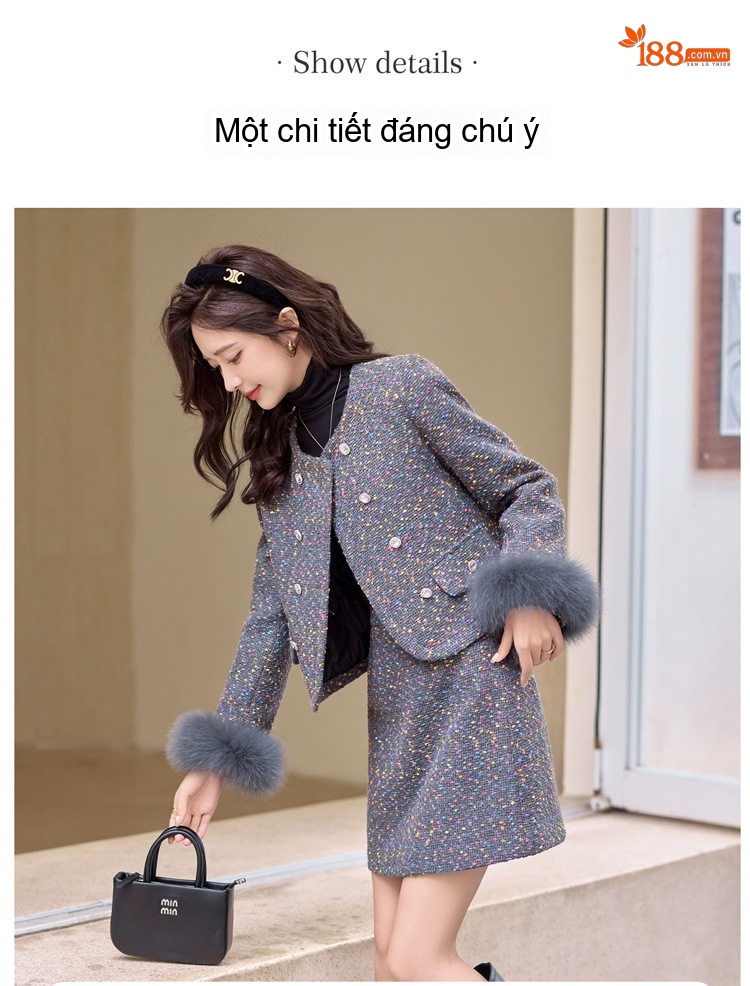 Set Áo Khoác Lông Vũ và Chân Váy Ngắn Vải Tuýt Phong Cách Tiểu Thư chi tiết 17