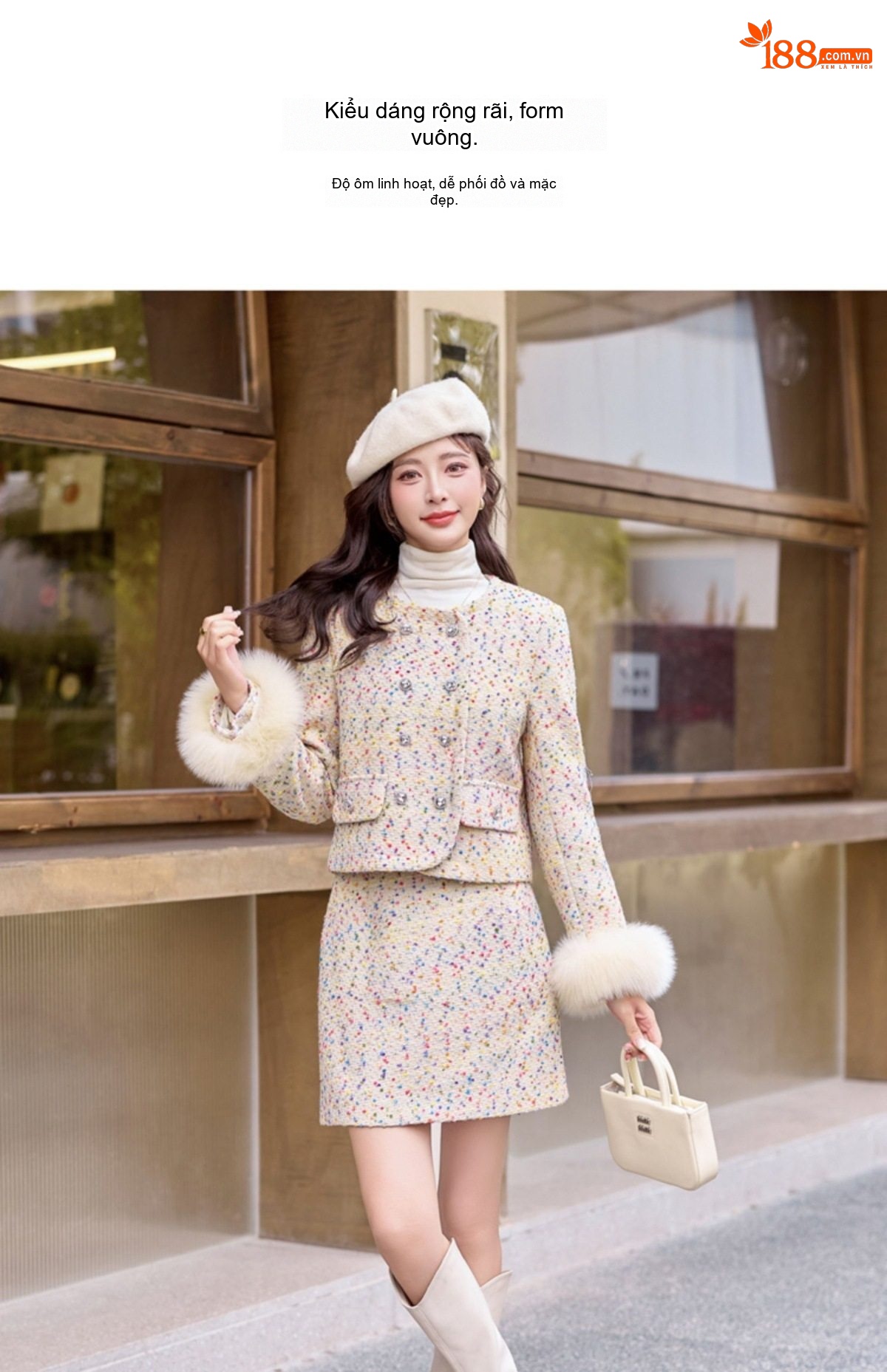 Set Áo Khoác Lông Vũ và Chân Váy Ngắn Vải Tuýt Phong Cách Tiểu Thư chi tiết 21