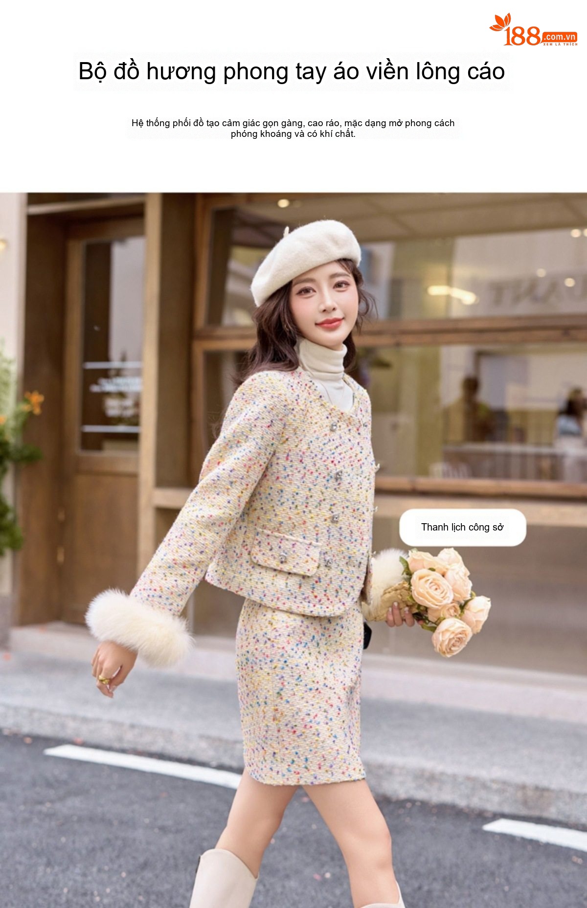 Set Áo Khoác Lông Vũ và Chân Váy Ngắn Vải Tuýt Phong Cách Tiểu Thư chi tiết 10