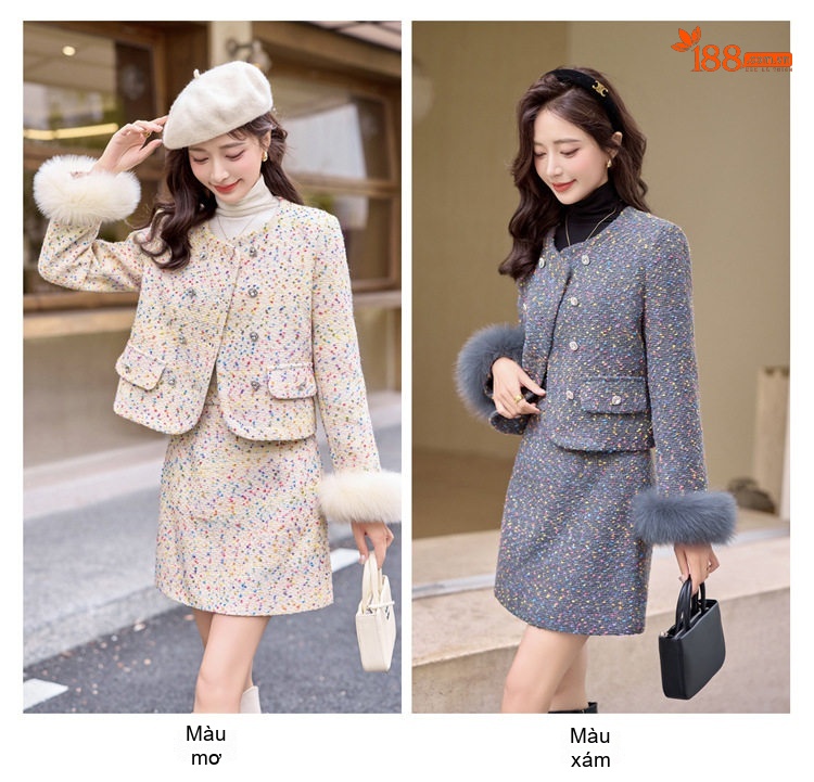 Set Áo Khoác Lông Vũ và Chân Váy Ngắn Vải Tuýt Phong Cách Tiểu Thư chi tiết 4
