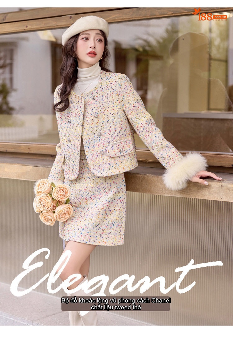 Set Áo Khoác Lông Vũ và Chân Váy Ngắn Vải Tuýt Phong Cách Tiểu Thư chi tiết 5