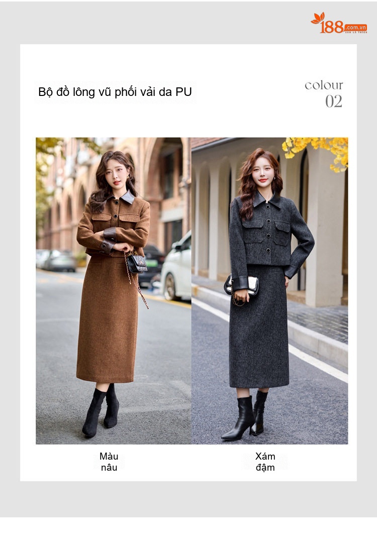 Set Áo Khoác Lót Lông Vũ Và Chân Váy Dáng Dài Phong Cách Tiểu Thư Màu Nâu, Xám chi tiết 4