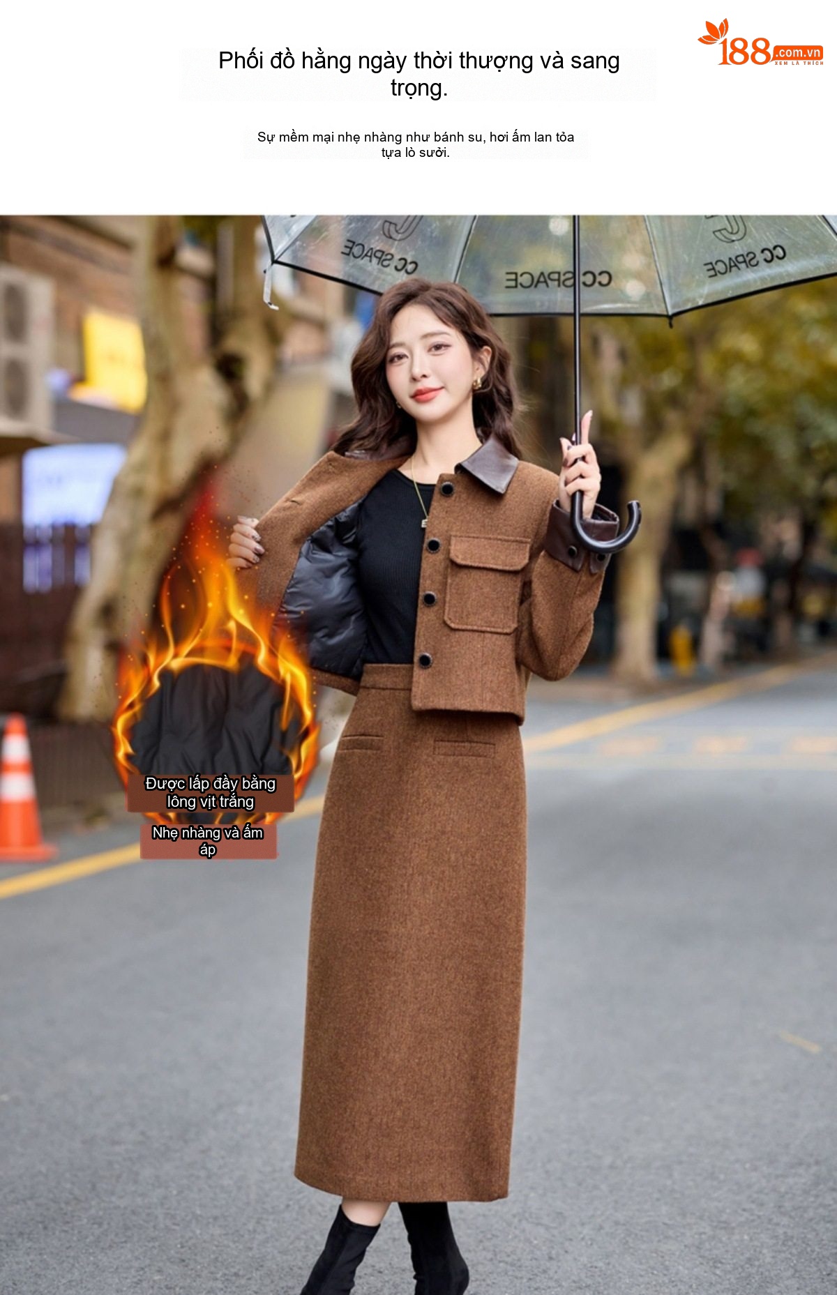 Set Áo Khoác Lót Lông Vũ Và Chân Váy Dáng Dài Phong Cách Tiểu Thư Màu Nâu, Xám chi tiết 7