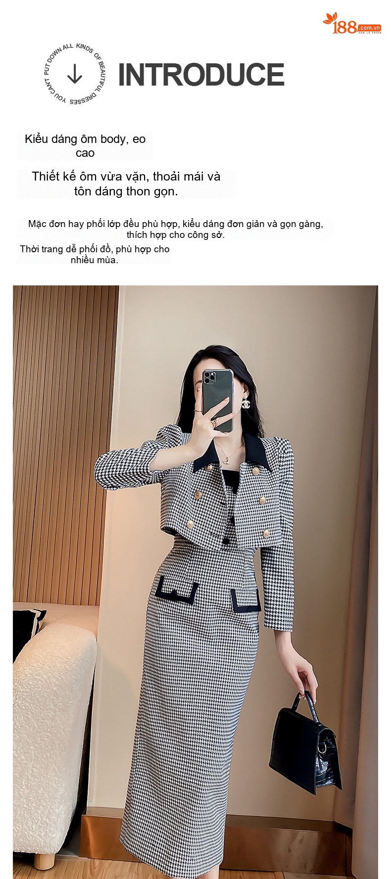 Set Áo Khoác Lửng Chân Váy Dáng Dài Họa Tiết Răng Sói Phong Cách Tiểu Thư Màu Đen Trắng chi tiết 2
